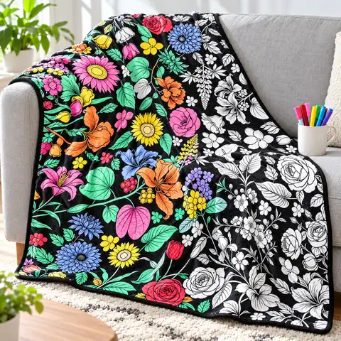 Cobija Flores de fondo negro, con flores pintadas en rosa, amarillo y lavanda
