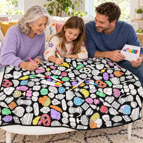Abuela, papá y niña pintando juntos la cobija Panadería