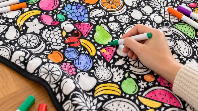 Cobija para colorear pintada a medias con plumones, para ilustrar «Guías para cuidar la cobija y aprovecharla en familia»