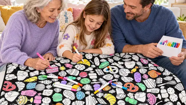 Cobija para colorear pintada a medias con plumones, para ilustrar «Qué regalar en Navidad: ideas para toda la familia»