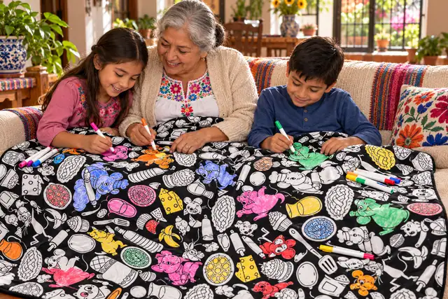 Abuela con sus dos nietos en el sillón, pintando juntos la cobija El gato y el ratón con plumones