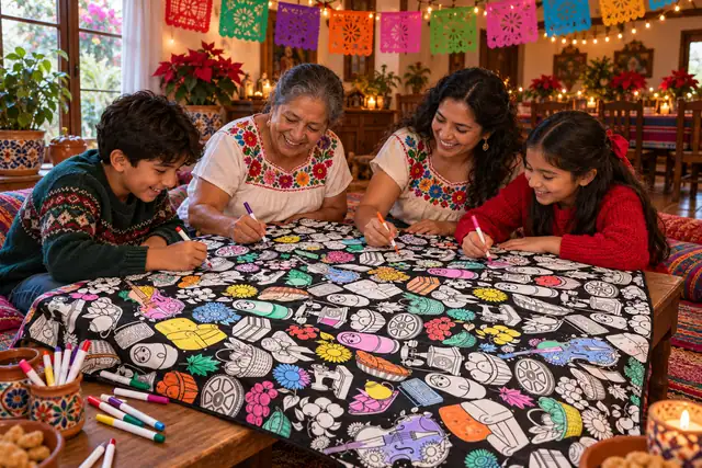 Familia en una posada en casa pintando la cobija Comida sobre la mesa de centro, con papel picado y nochebuenas