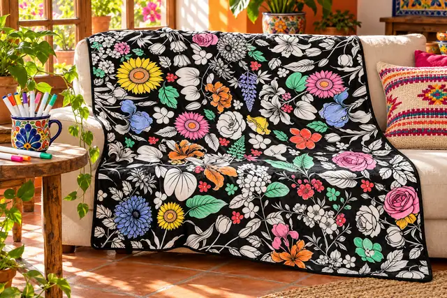 Cobija Flores pintada a medias sobre el sillón de la sala, con plumones en una taza de talavera